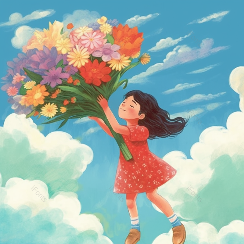 蓝天白云下床裙子的女孩手捧鲜花,插画/手绘图,插画/手绘图库,插画/手绘图下载,插画/手绘
